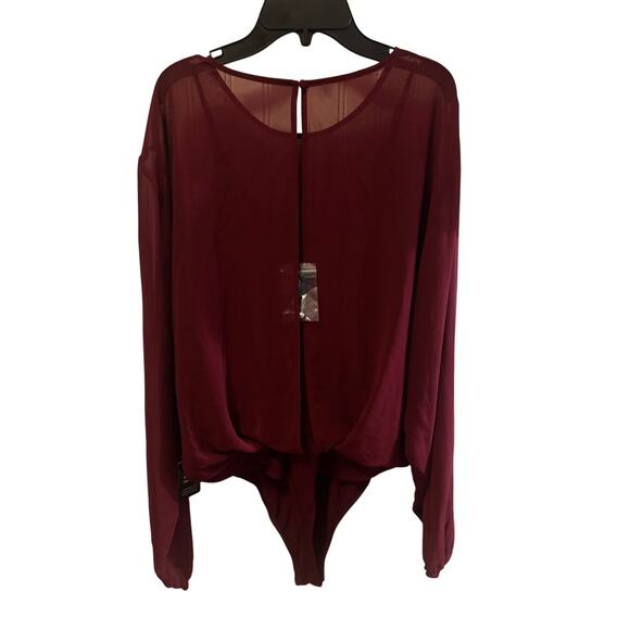 Express NWT Chiffon Red Bodysuit Sheer Long Sleeves Open back ethereal top - Picture 4 of 5